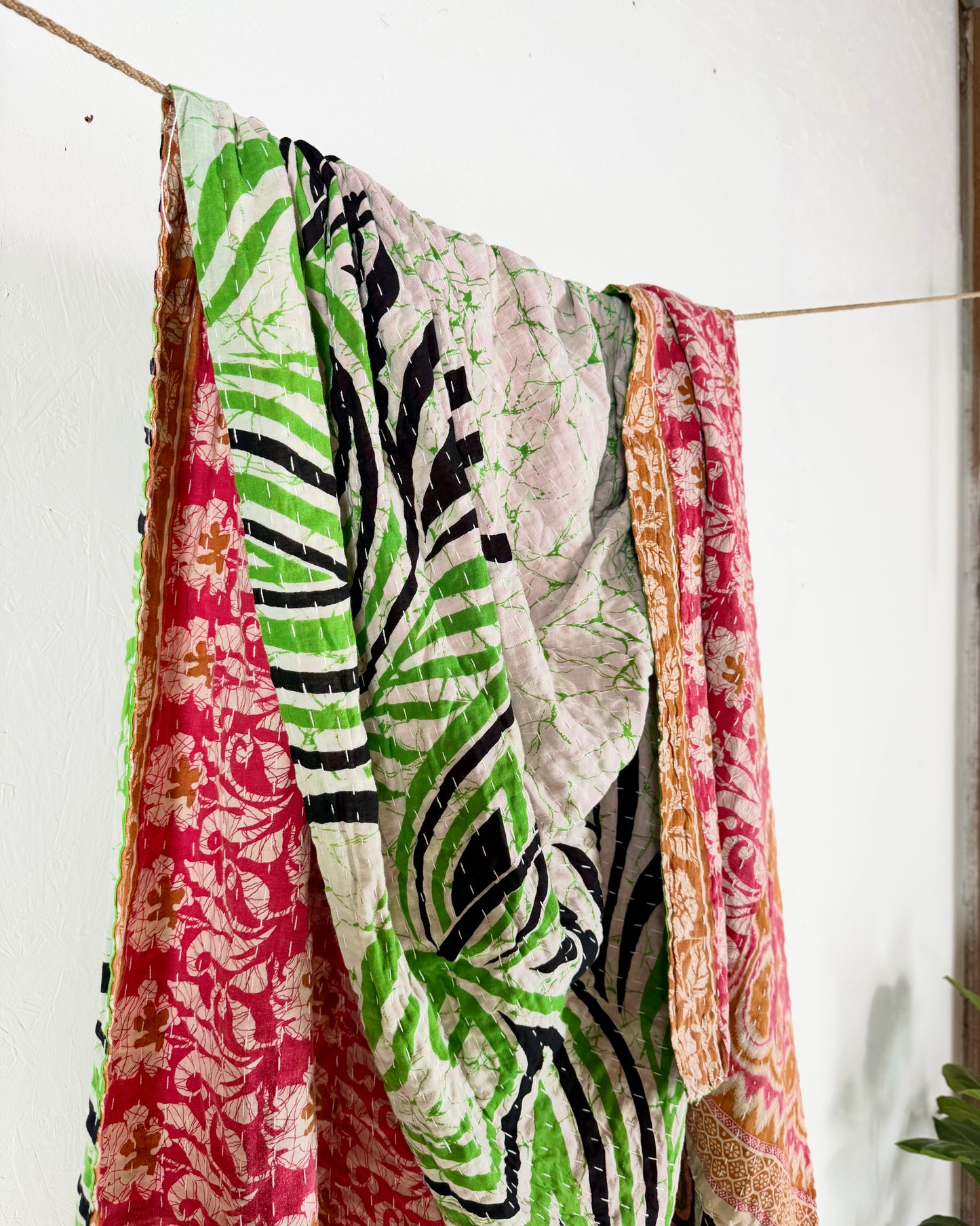 Vintage Cotton Kantha Quilt In Pink and Green 16