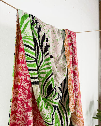 Vintage Cotton Kantha Quilt In Pink and Green 16