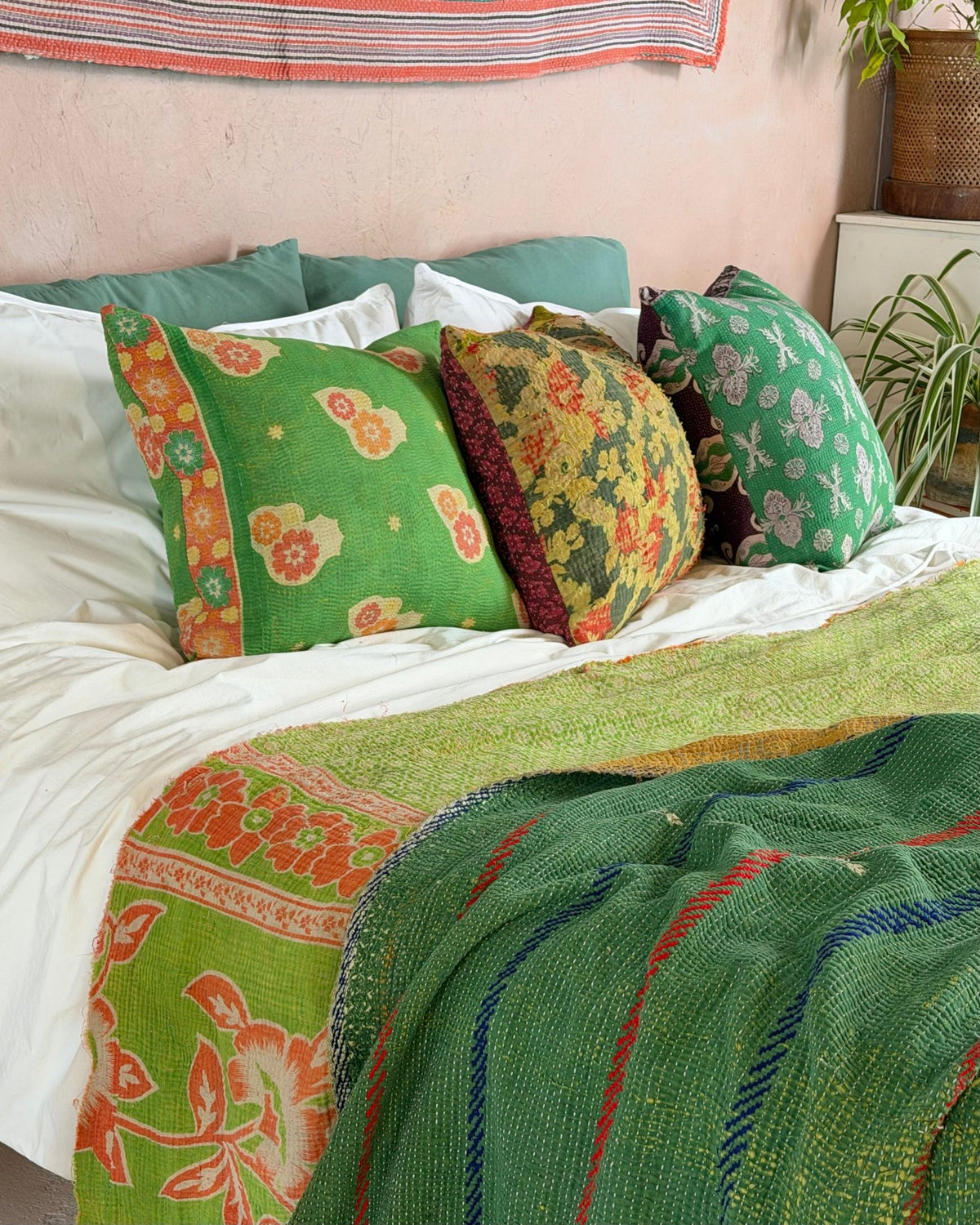 Handmade Vintage Kantha Cushion Cover In Green Floral - 45cm (18") Square - Biggs & Hill
