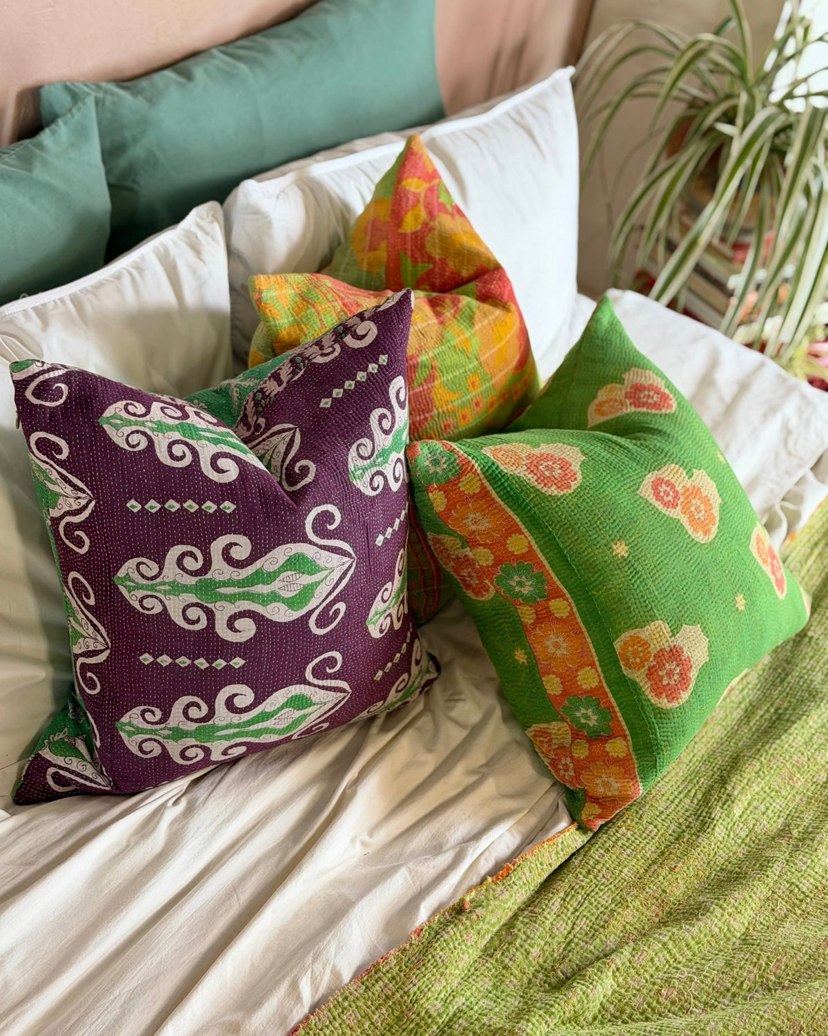 Handmade Vintage Kantha Cushion Cover In Green and Purple - 45cm (18") Square - Biggs & Hill