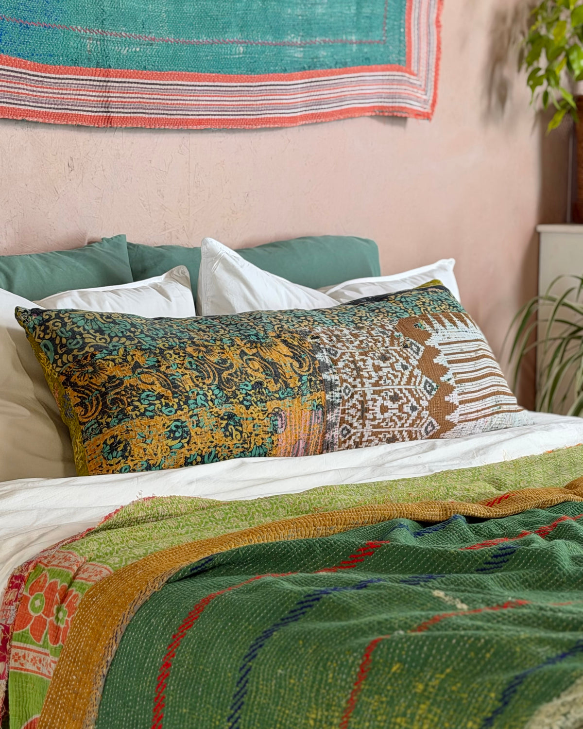 Vintage Kantha Bolster Cushion Cover In Textured Greens 35 x 100