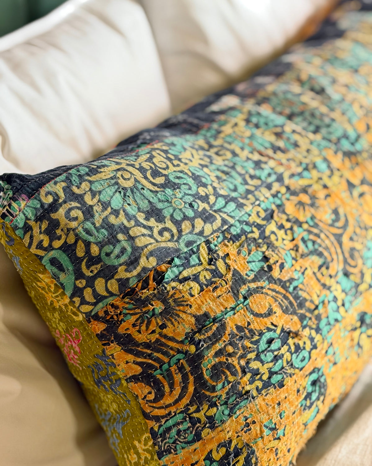 Vintage Kantha Bolster Cushion Cover In Textured Greens 35 x 100