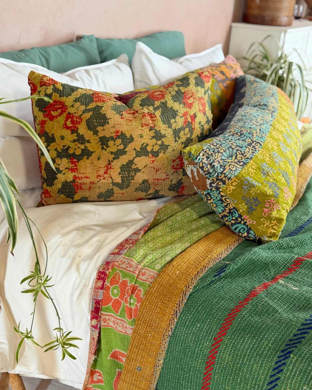 Vintage Kantha Cushion In Textured Green and Pink- Large Rectangular - Biggs & Hill
