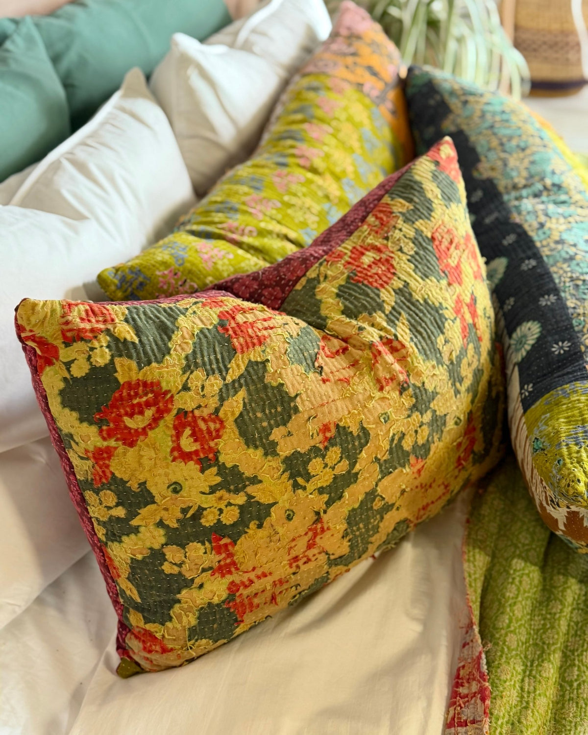 Vintage Kantha Cushion In Textured Green and Pink- Large Rectangular - Biggs & Hill