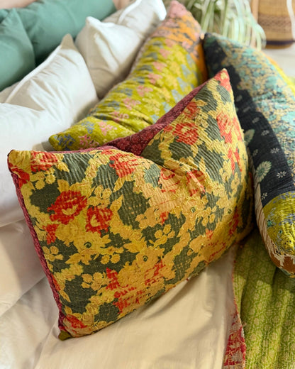 Vintage Kantha Cushion In Textured Green and Pink- Large Rectangular - Biggs & Hill