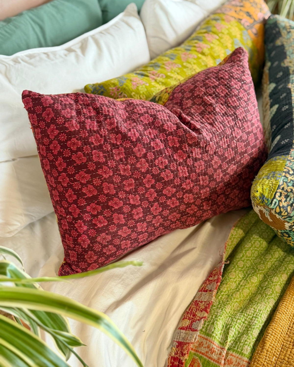 Vintage Kantha Cushion In Textured Green and Pink- Large Rectangular - Biggs & Hill
