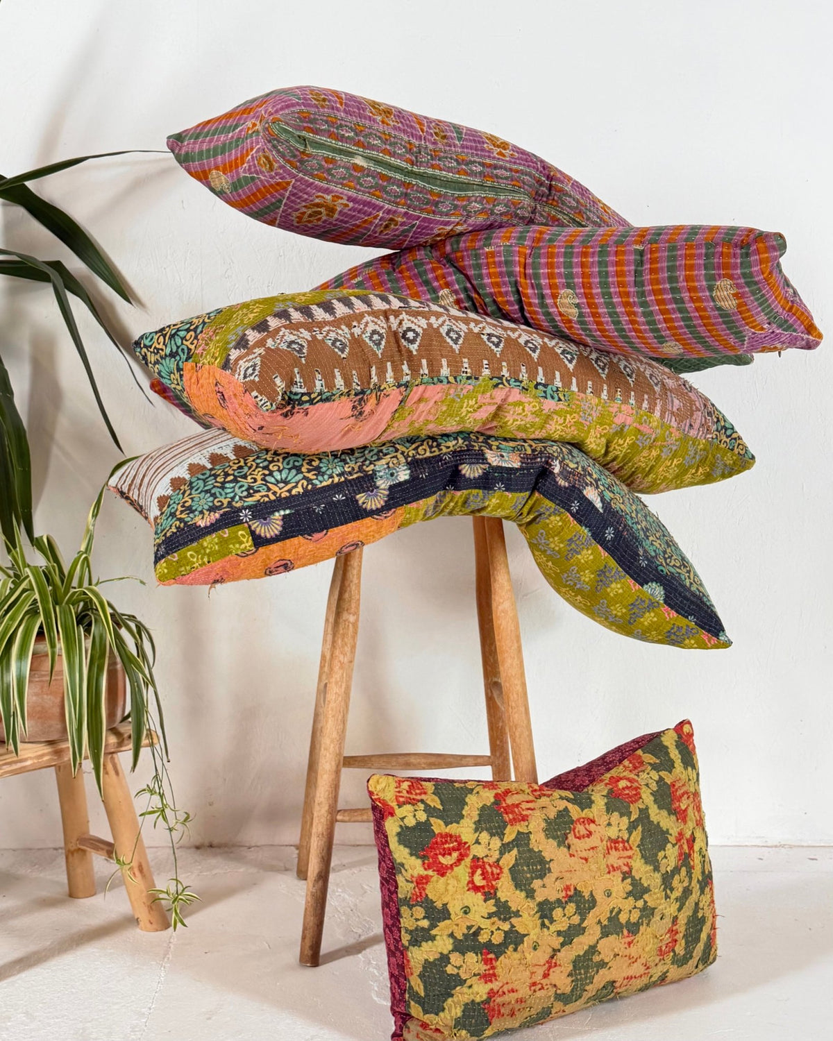 Vintage Kantha Cushion In Textured Green and Pink- Large Rectangular - Biggs & Hill