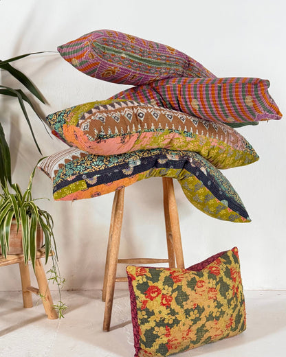 Vintage Kantha Cushion In Textured Green and Pink- Large Rectangular - Biggs & Hill