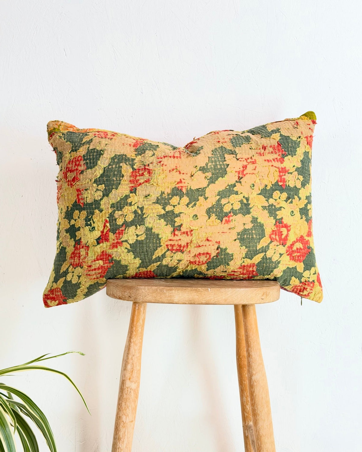 Vintage Kantha Cushion In Textured Green and Pink- Large Rectangular - Biggs & Hill