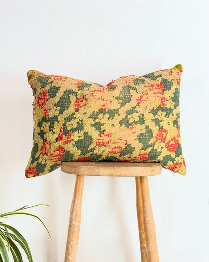 Vintage Kantha Cushion In Textured Green and Pink- Large Rectangular - Biggs & Hill