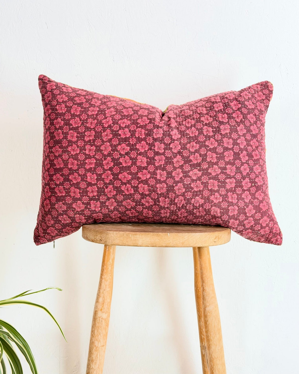 Vintage Kantha Cushion In Textured Green and Pink- Large Rectangular - Biggs & Hill