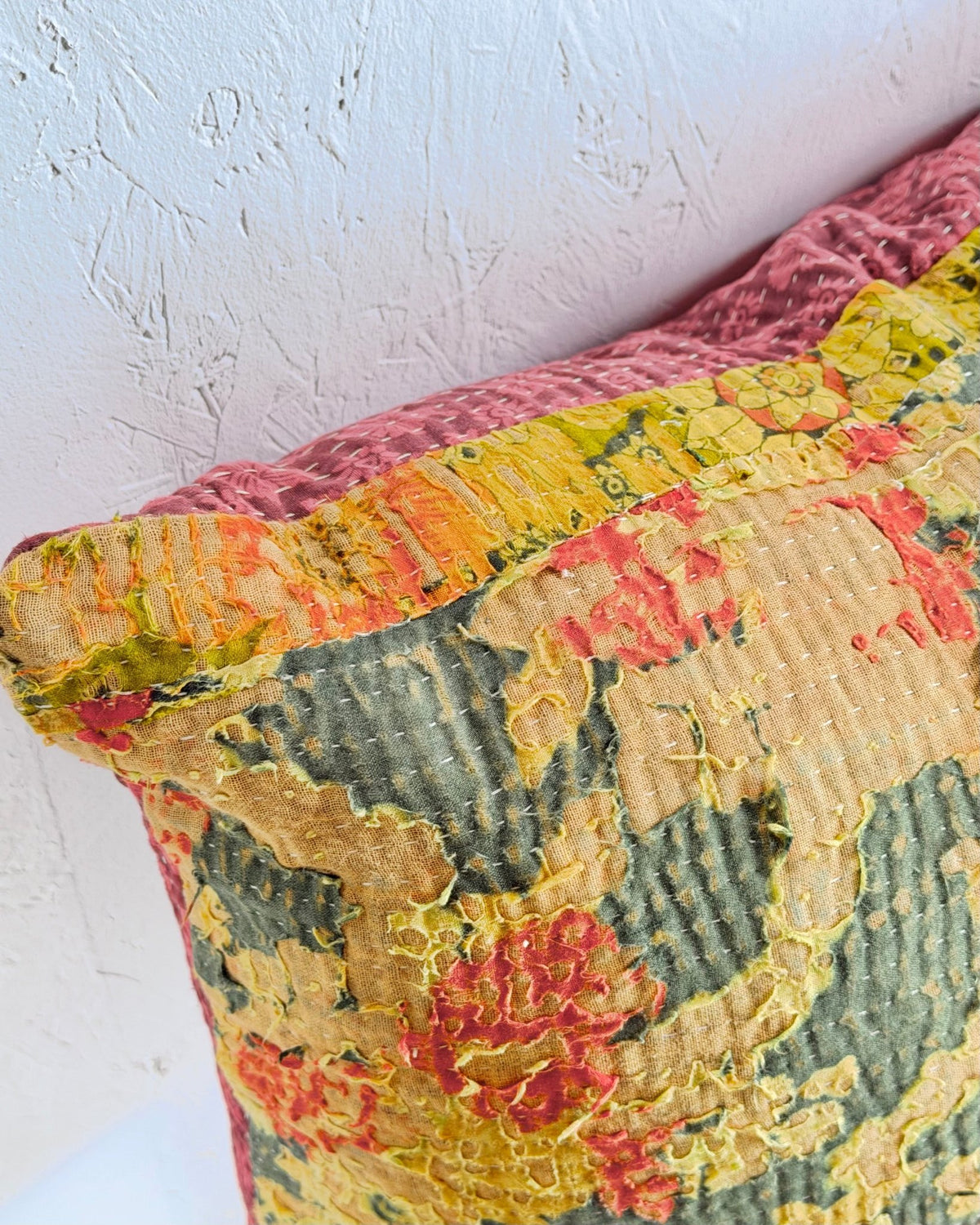 Vintage Kantha Cushion In Textured Green and Pink- Large Rectangular - Biggs & Hill