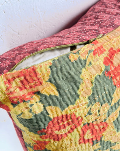 Vintage Kantha Cushion In Textured Green and Pink- Large Rectangular - Biggs & Hill