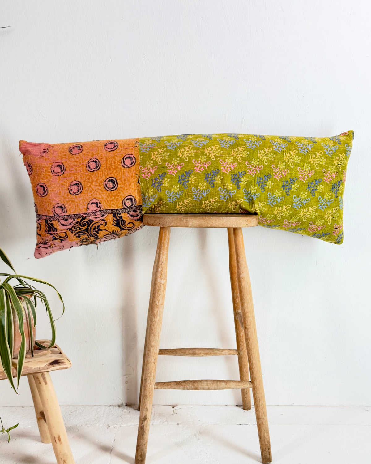 Vintage Kantha Bolster Cushion Cover In Textured Greens 35 x 100