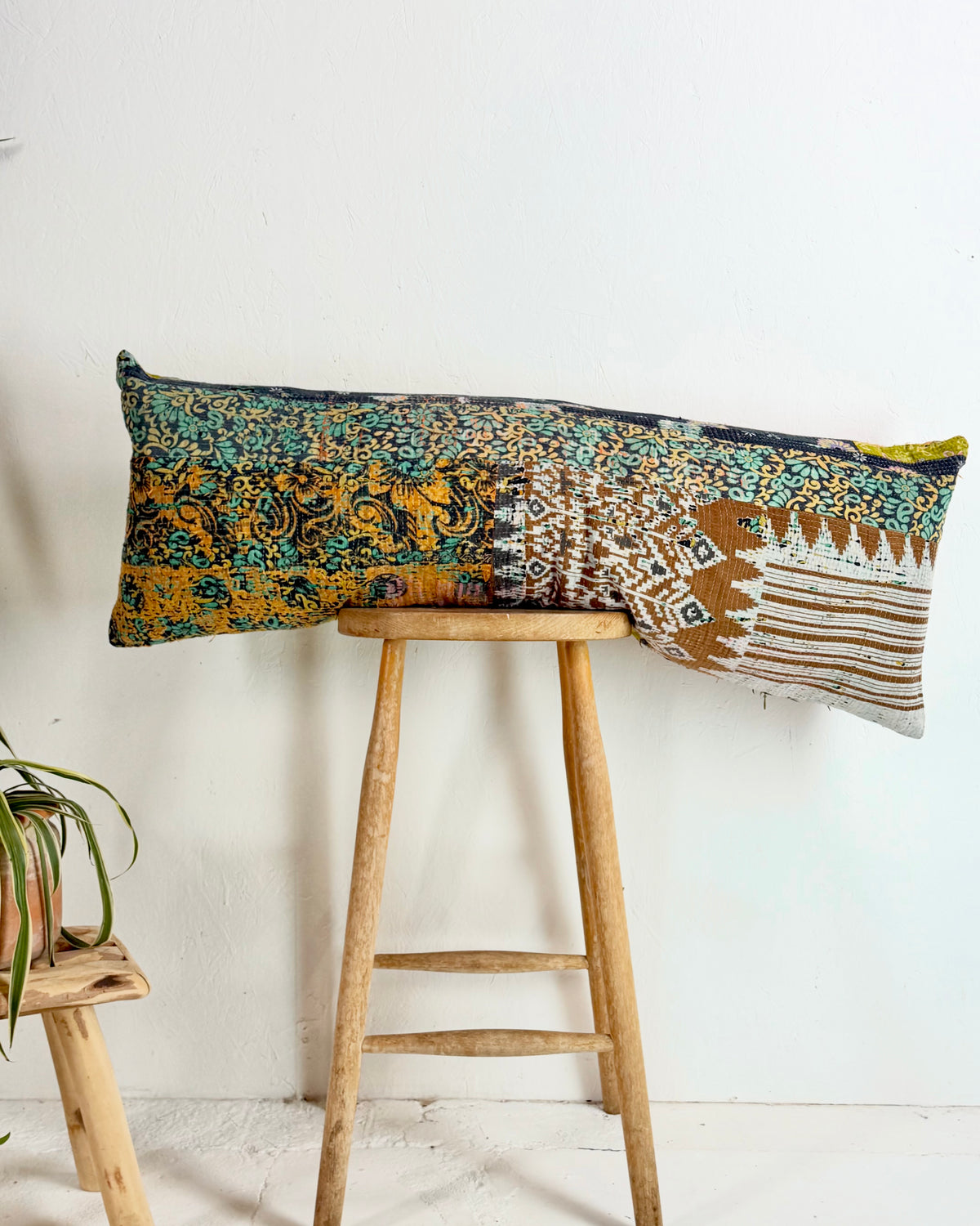 Vintage Kantha Bolster Cushion Cover In Textured Greens 35 x 100