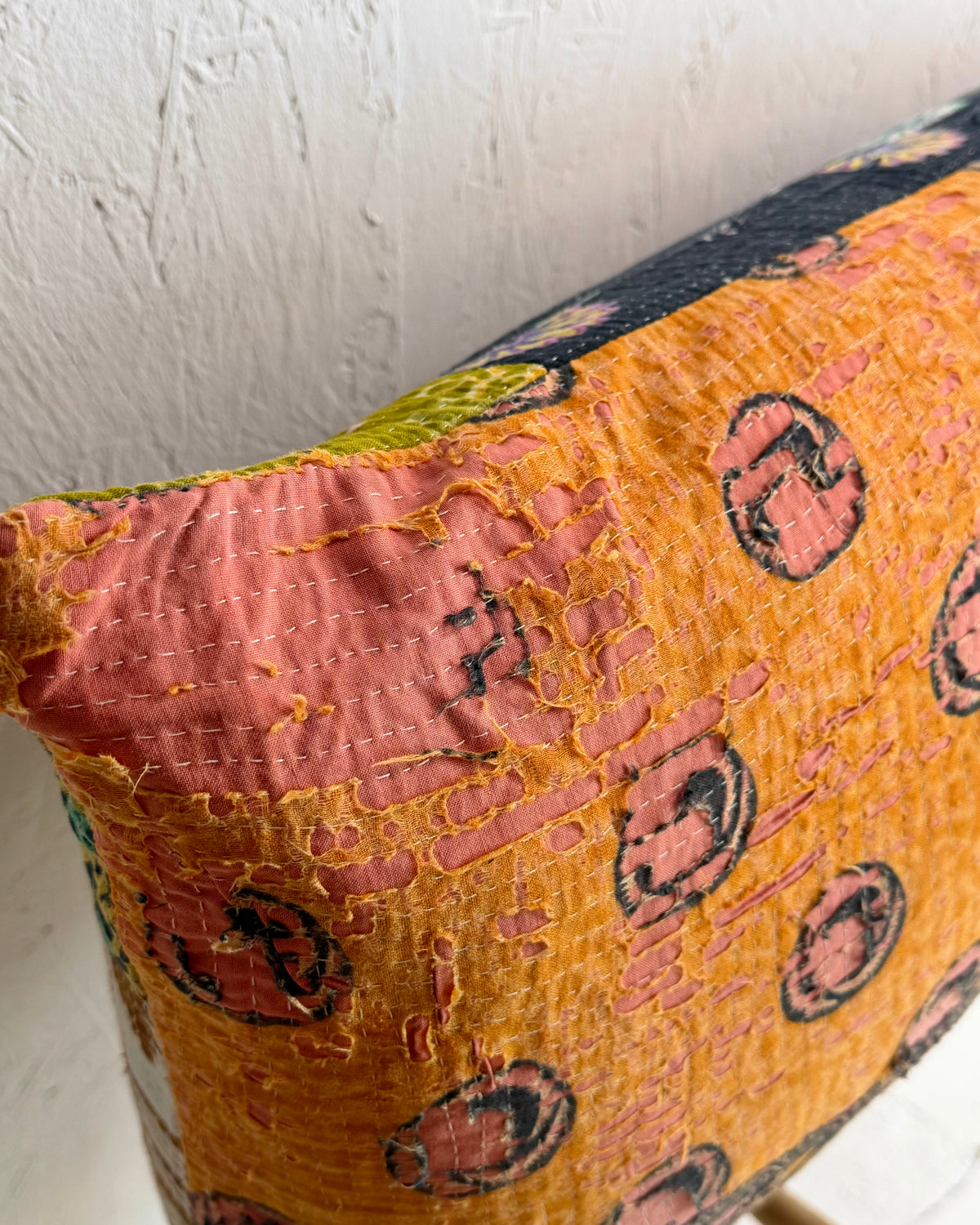 Vintage Kantha Bolster Cushion Cover In Textured Greens 35 x 100