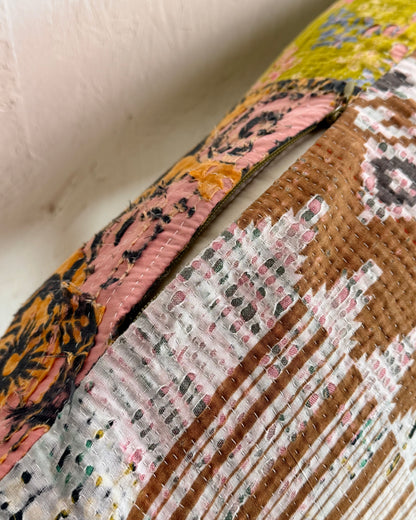 Vintage Kantha Bolster Cushion Cover In Textured Greens 35 x 100