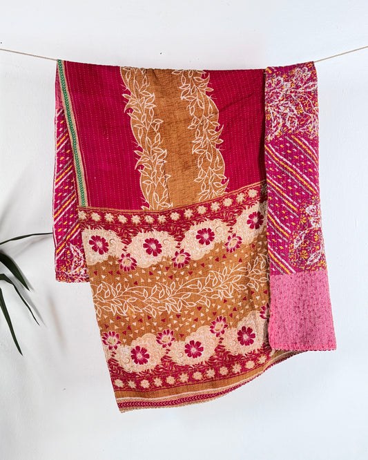 Vintage Cotton Kantha Quilt In Pinks 17