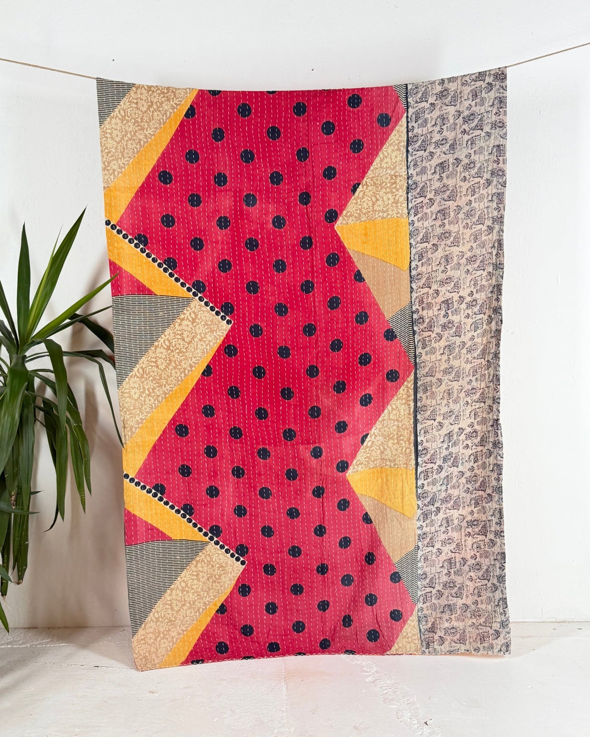 Vintage Cotton Kantha Quilt In Pink Geometric 18 - Biggs & Hill