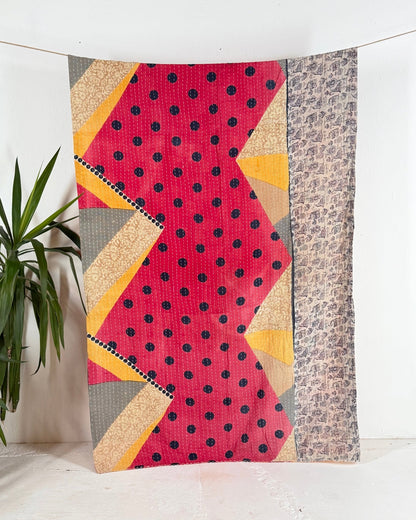 Vintage Cotton Kantha Quilt In Pink Geometric 18 - Biggs & Hill