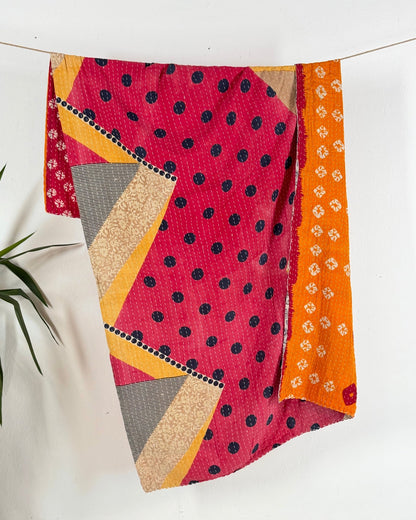 Vintage Cotton Kantha Quilt In Pink Geometric 18 - Biggs & Hill