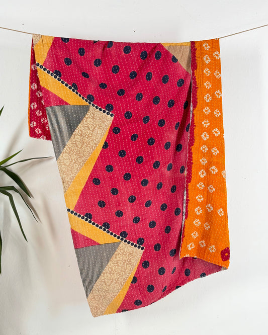 Vintage Cotton Kantha Quilt In Pink Geometric 18