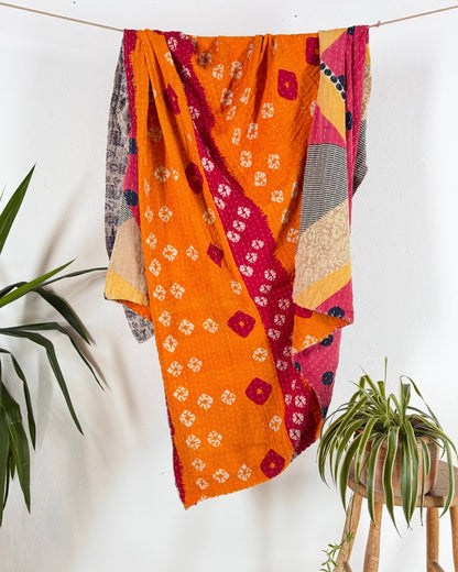 Vintage Cotton Kantha Quilt In Pink Geometric 18 - Biggs & Hill