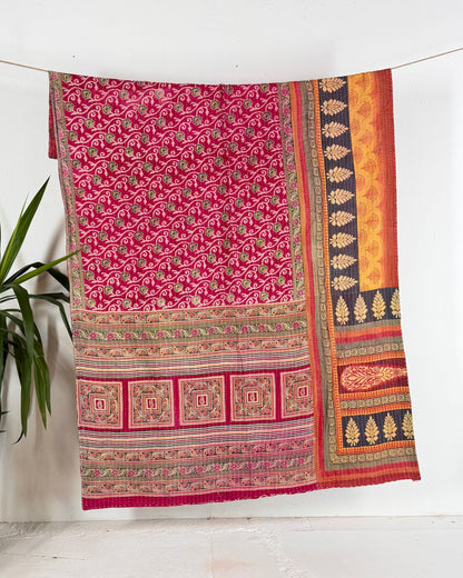 Vintage Cotton Kantha Quilt In Pink and Orange 19