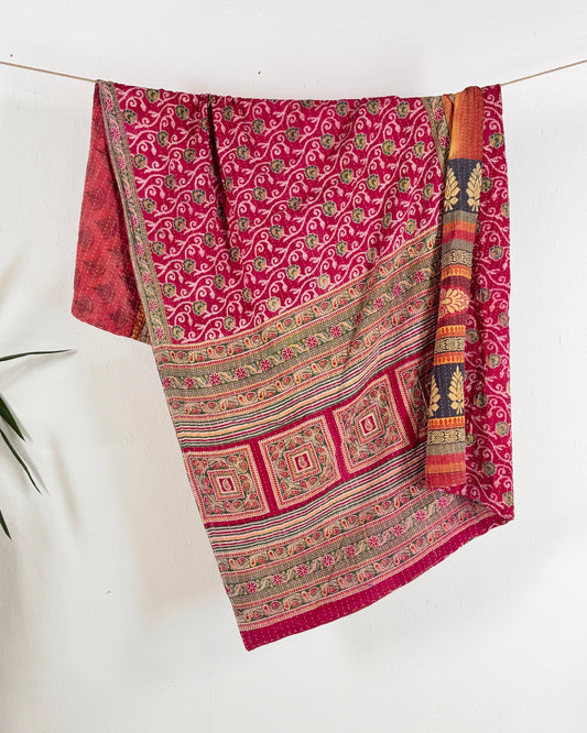 Vintage Cotton Kantha Quilt In Pink and Orange 19