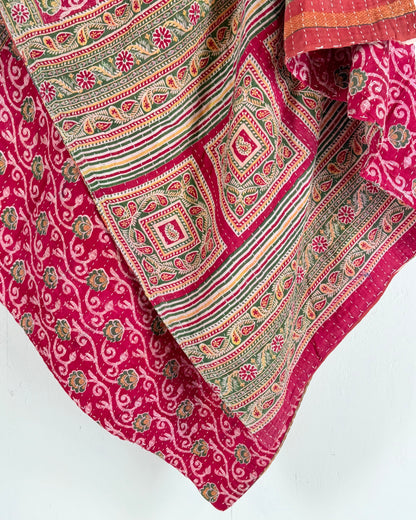 Vintage Cotton Kantha Quilt In Pink and Orange 19