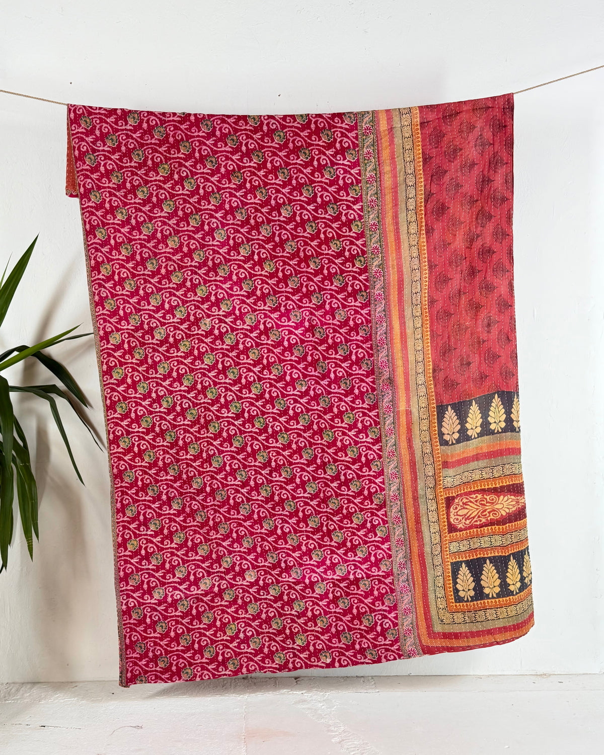 Vintage Cotton Kantha Quilt In Pink and Orange 19