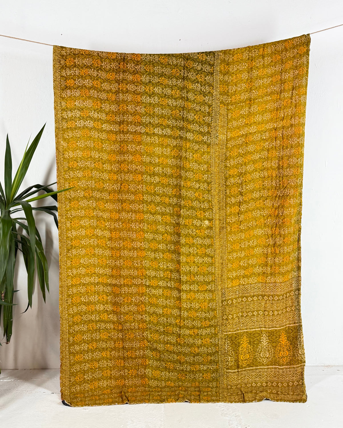 Vintage Sari Cotton Kantha Quilt In Olive Green and Blue 20