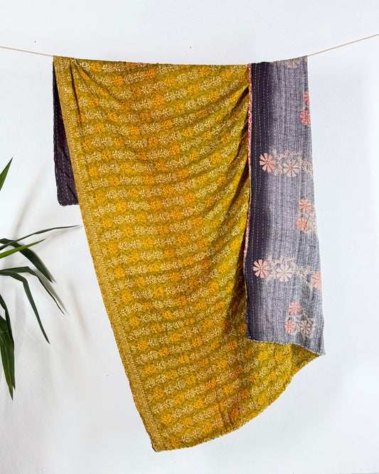 Vintage Sari Cotton Kantha Quilt In Olive Green and Blue 20