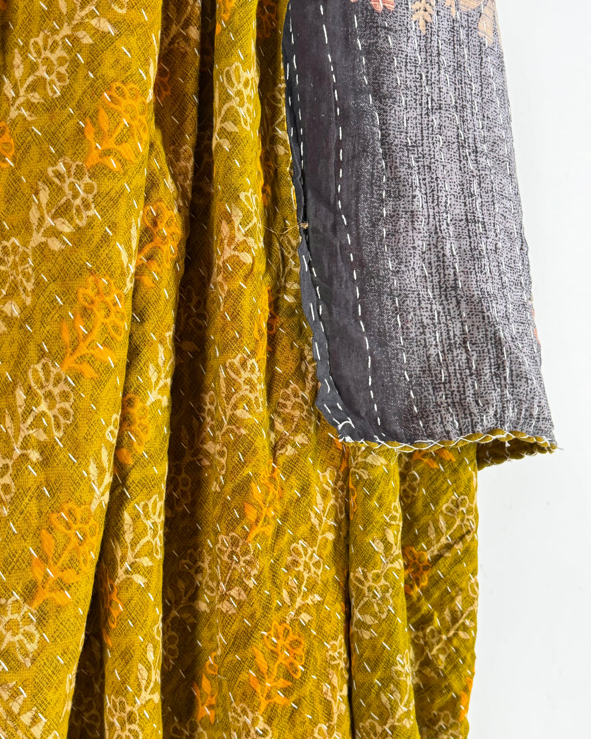 Vintage Sari Cotton Kantha Quilt In Olive Green and Blue 20