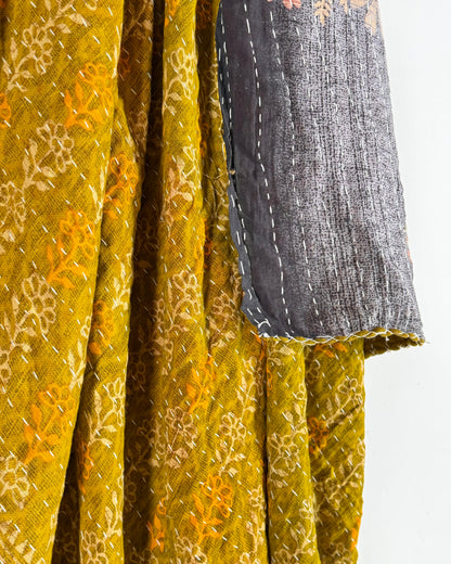 Vintage Sari Cotton Kantha Quilt In Olive Green and Blue 20