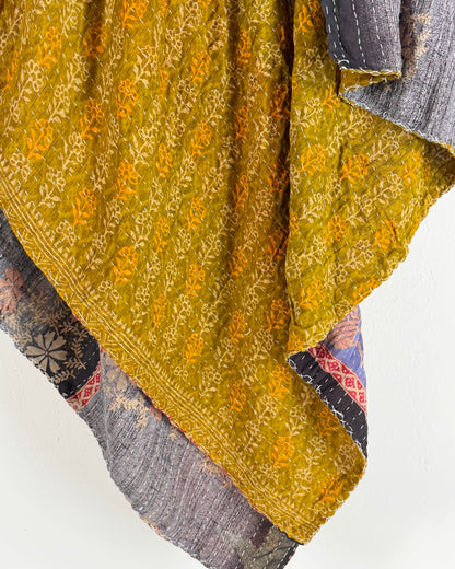 Vintage Sari Cotton Kantha Quilt In Olive Green and Blue 20