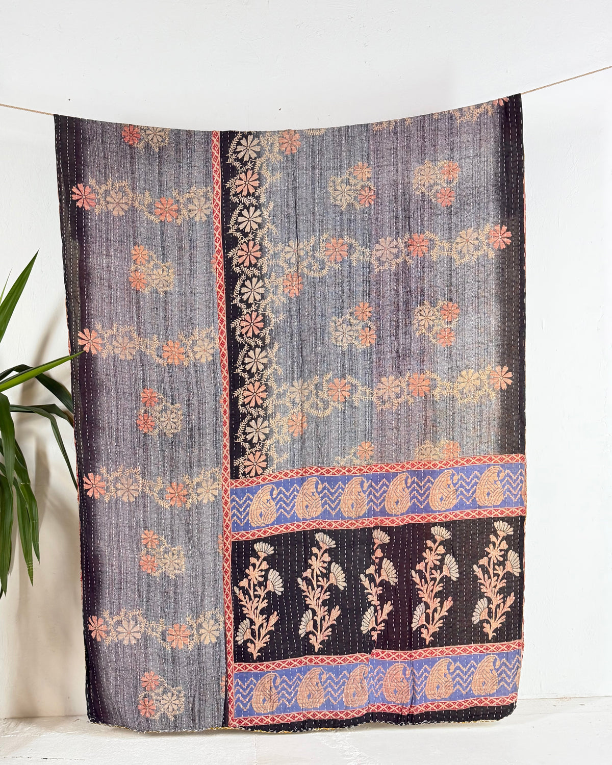 Vintage Sari Cotton Kantha Quilt In Olive Green and Blue 20