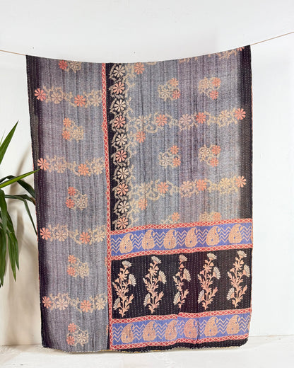 Vintage Sari Cotton Kantha Quilt In Olive Green and Blue 20