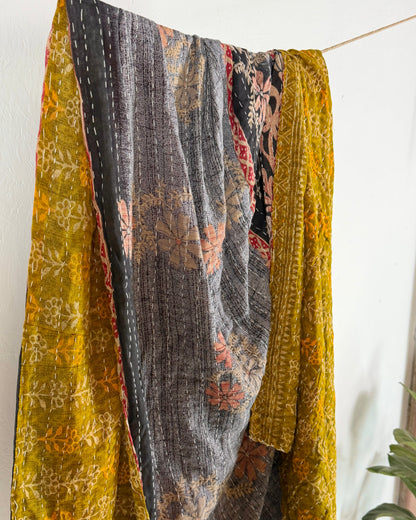 Vintage Sari Cotton Kantha Quilt In Olive Green and Blue 20