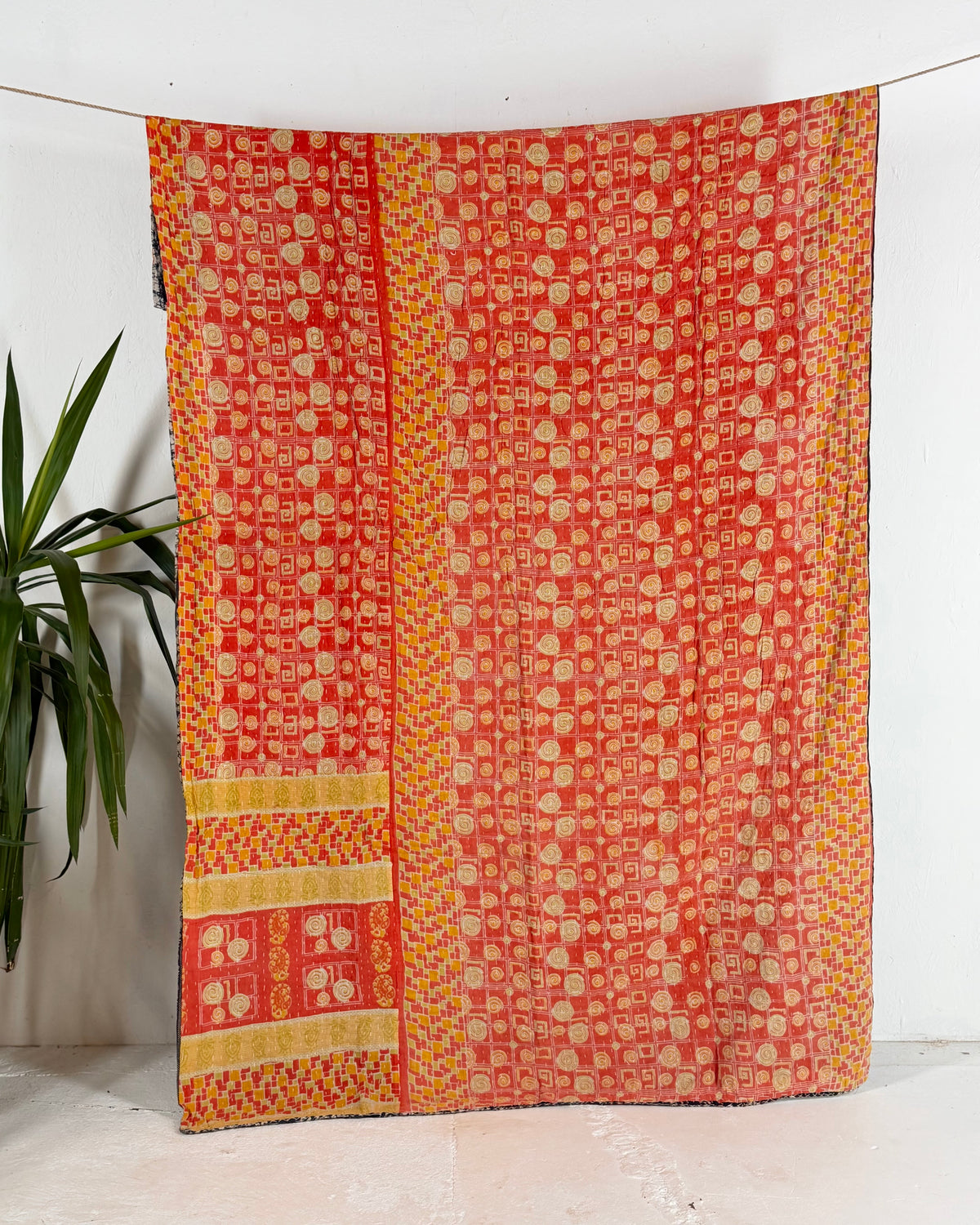Vintage Sari Cotton Kantha Quilt In Orange and Blue 21