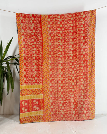 Vintage Sari Cotton Kantha Quilt In Orange and Blue 21