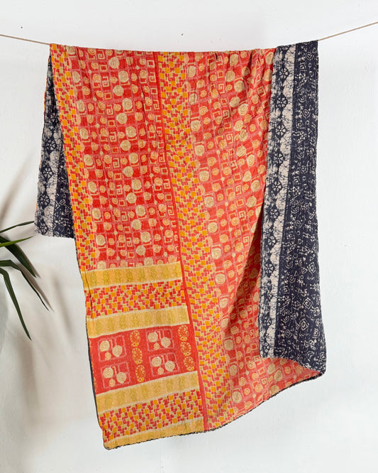 Vintage Sari Cotton Kantha Quilt In Orange and Blue 21
