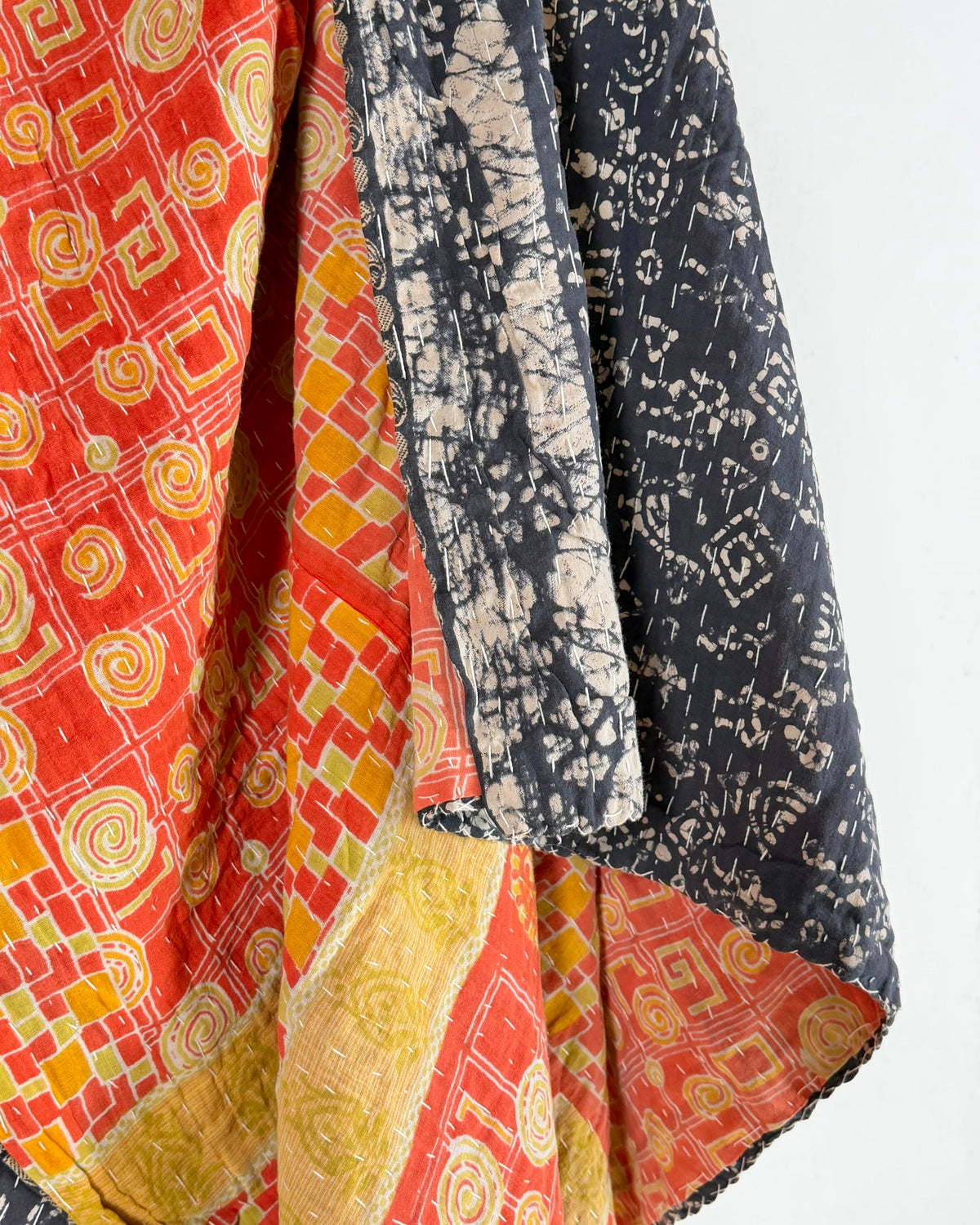 Vintage Sari Cotton Kantha Quilt In Orange and Blue 21