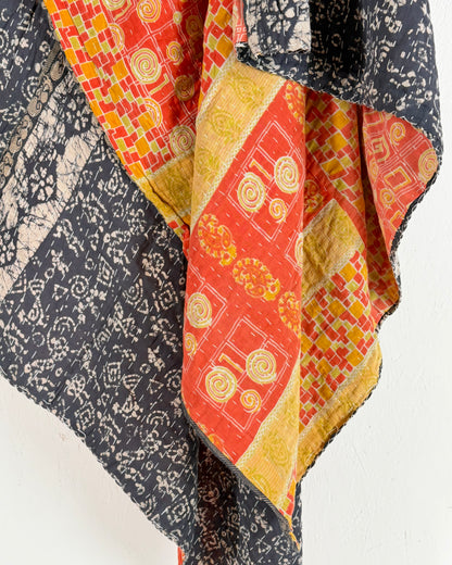 Vintage Sari Cotton Kantha Quilt In Orange and Blue 21