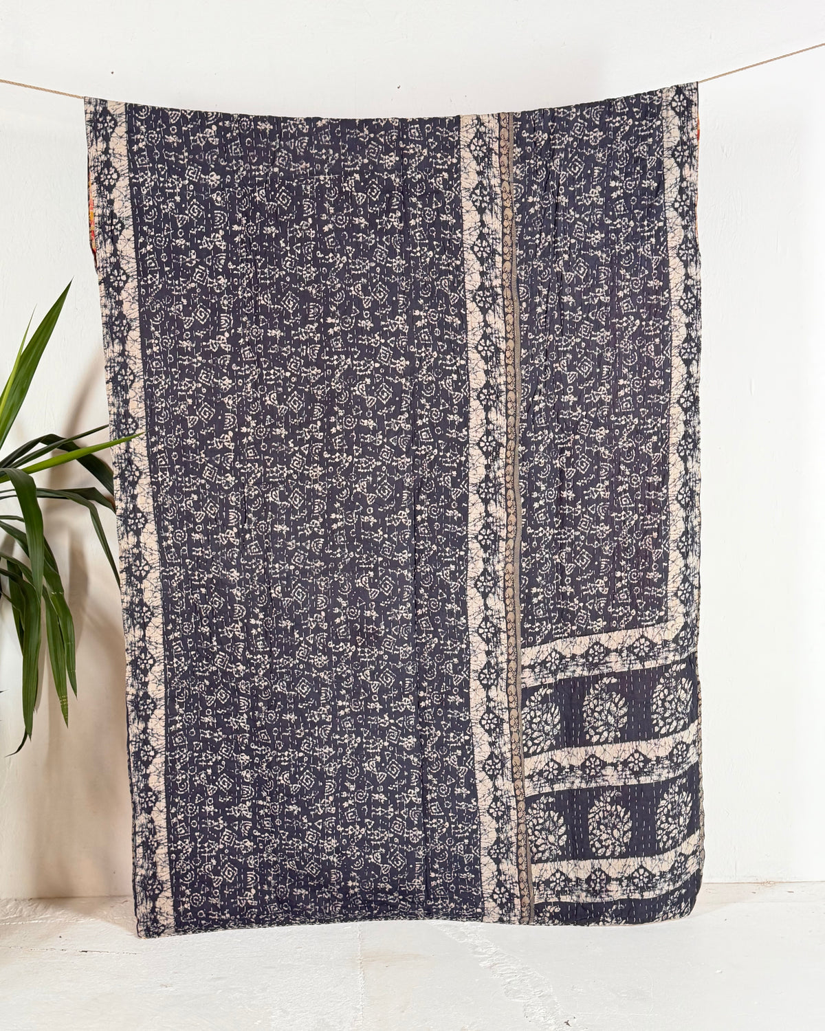 Vintage Sari Cotton Kantha Quilt In Orange and Blue 21