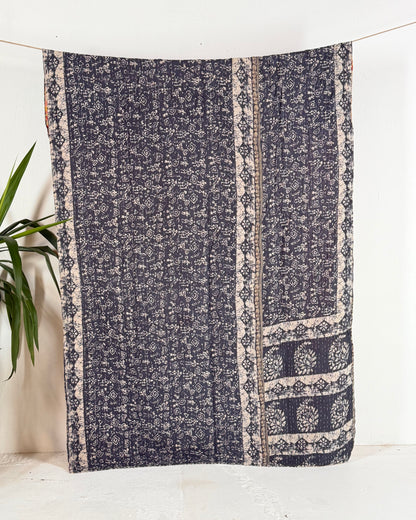 Vintage Sari Cotton Kantha Quilt In Orange and Blue 21