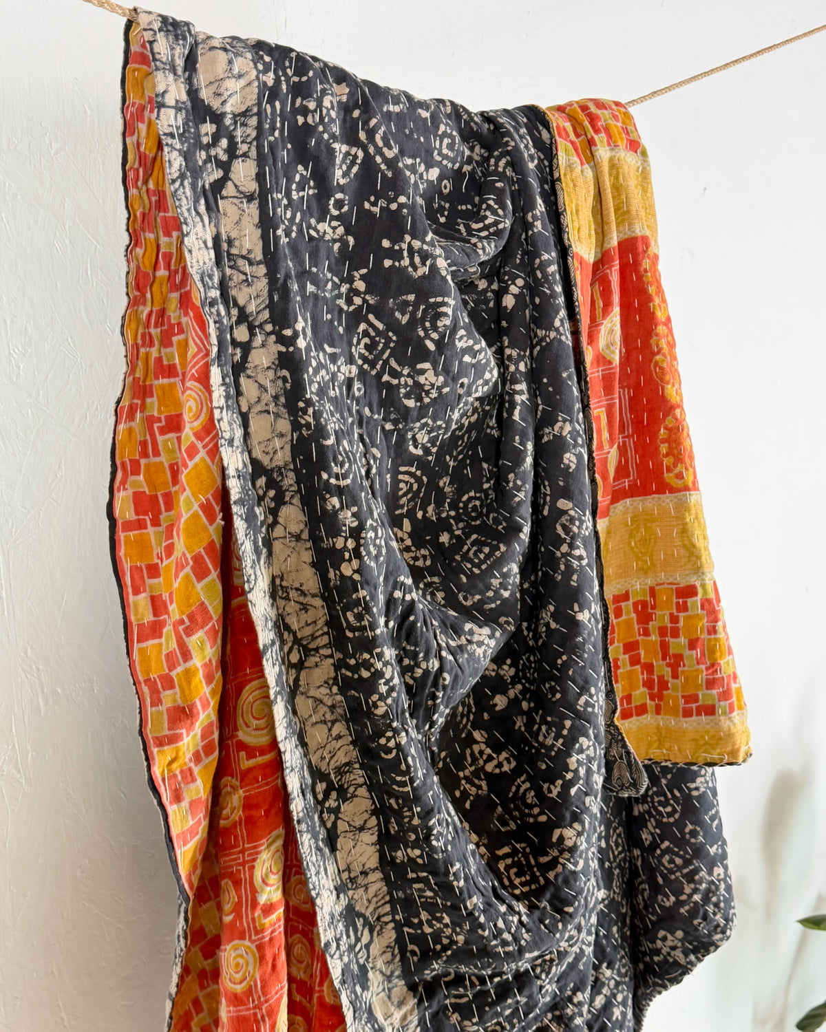 Vintage Sari Cotton Kantha Quilt In Orange and Blue 21