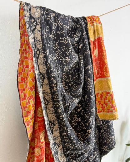 Vintage Sari Cotton Kantha Quilt In Orange and Blue 21