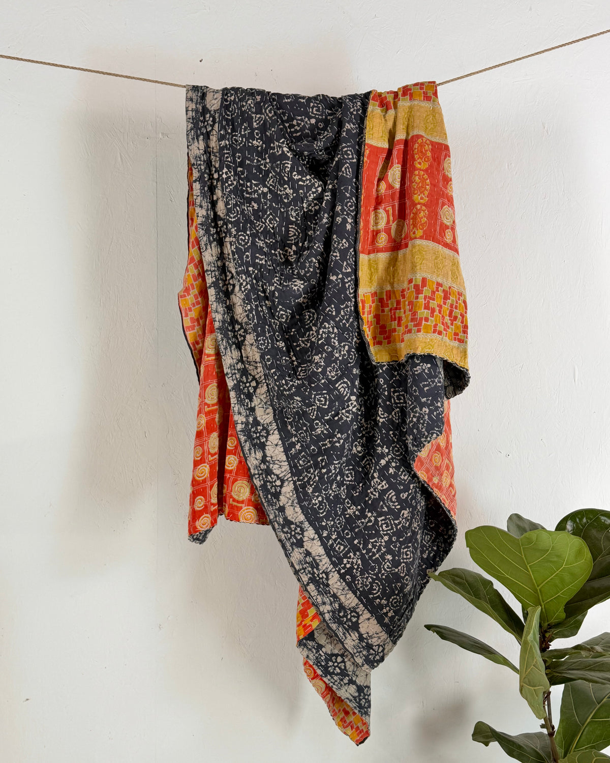 Vintage Sari Cotton Kantha Quilt In Orange and Blue 21