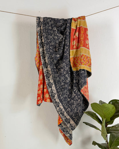 Vintage Sari Cotton Kantha Quilt In Orange and Blue 21